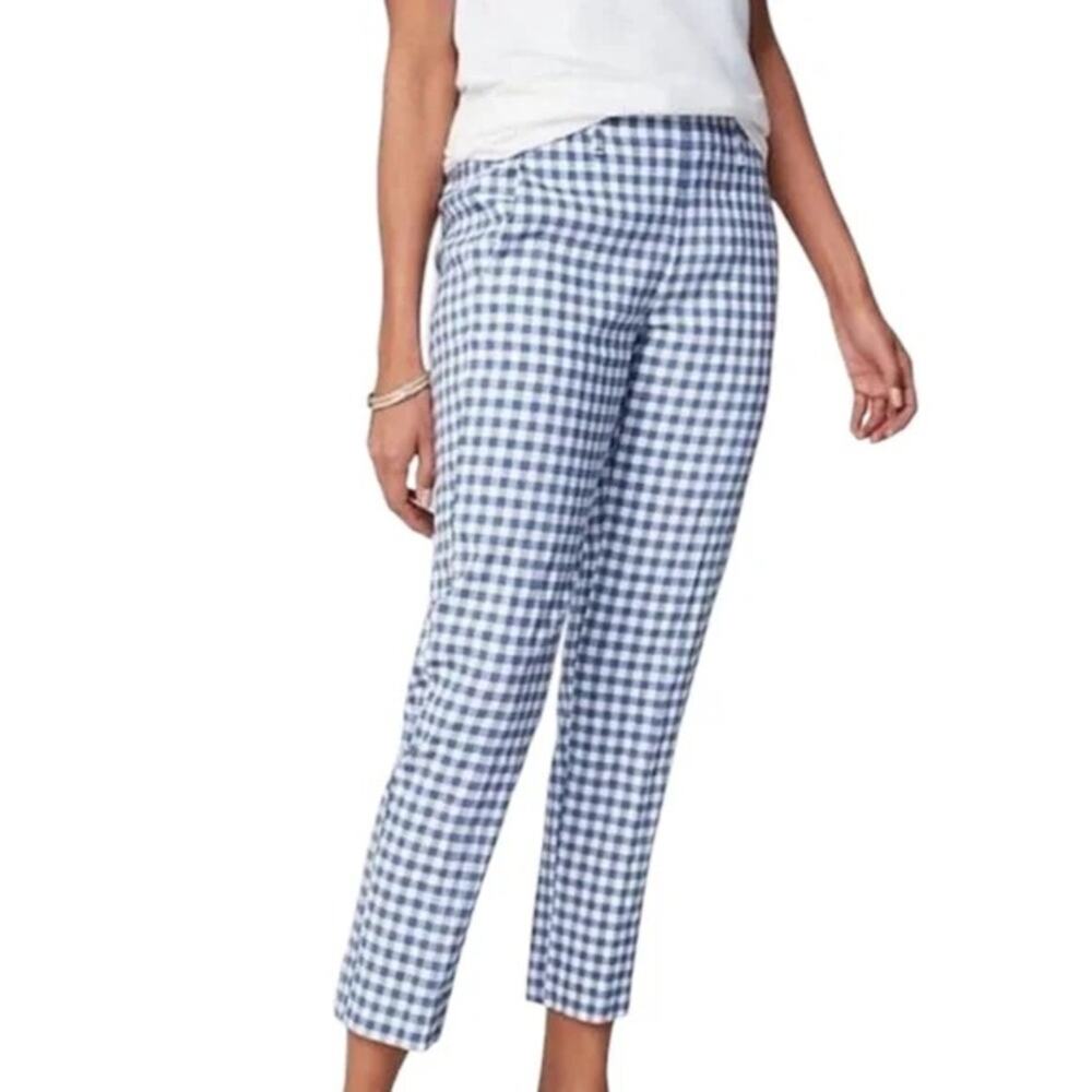 Blue Gingham Linen Blend Pants Women XS Coastal Preppy Ankle Stretch